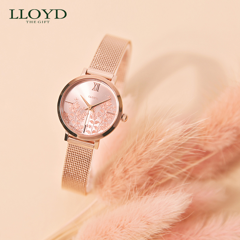 LLOYD 공식 정통 한국어 인쇄 금속 시계 여성 핑크 꽃 틈새 로즈 골드 패션 시계