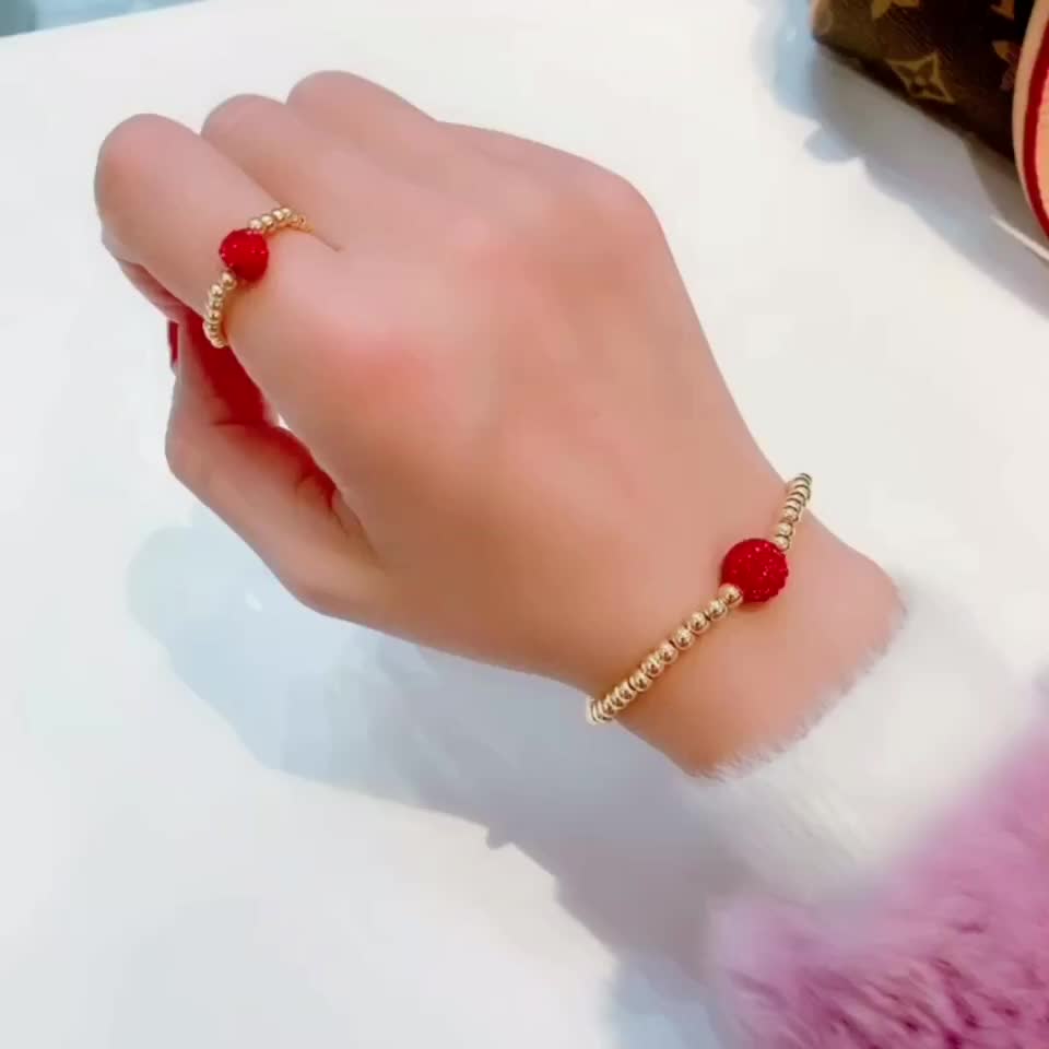 전송 모래 금 빨간 공 팔찌 여성 14K 가방 금 작은 금 구슬 구슬 행운 반지 산후 선물