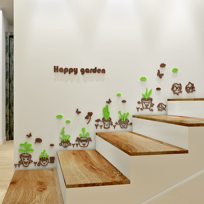꽃 냄비 3D 입체 벽 스티커 아크릴 어린이 방 만화 스티커 침실 거실 계단 방 장식