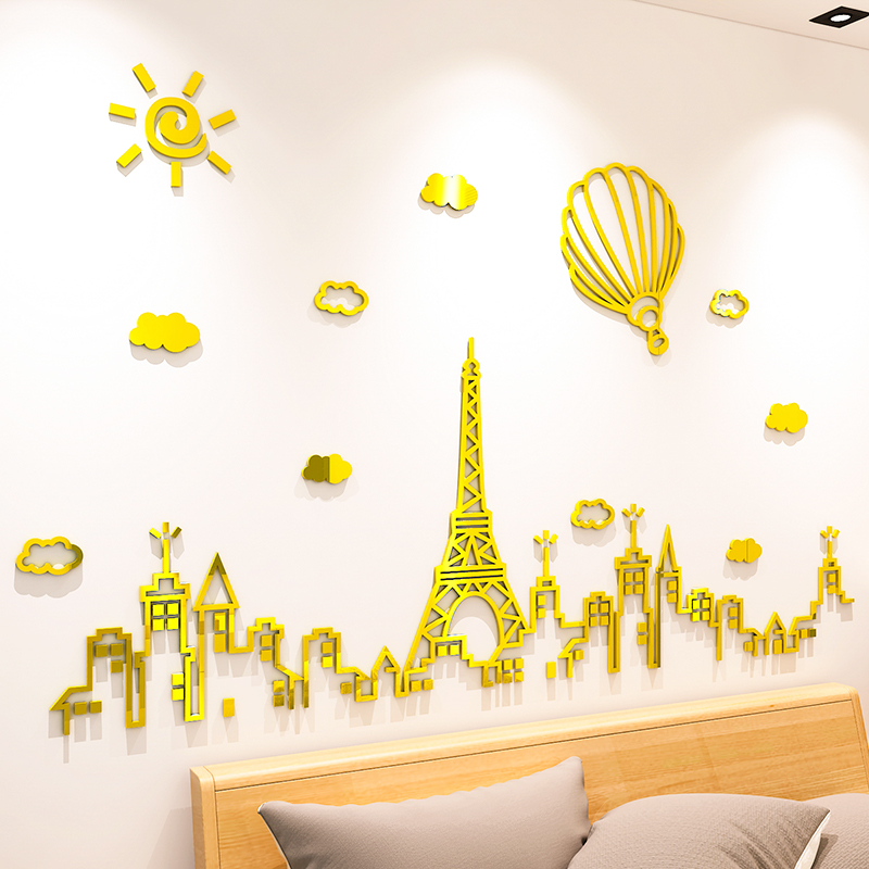파리 철 아크릴 3D 스테레오 벽 스티커 거실 소파 배경 침실 따뜻한 어린이 방 장식