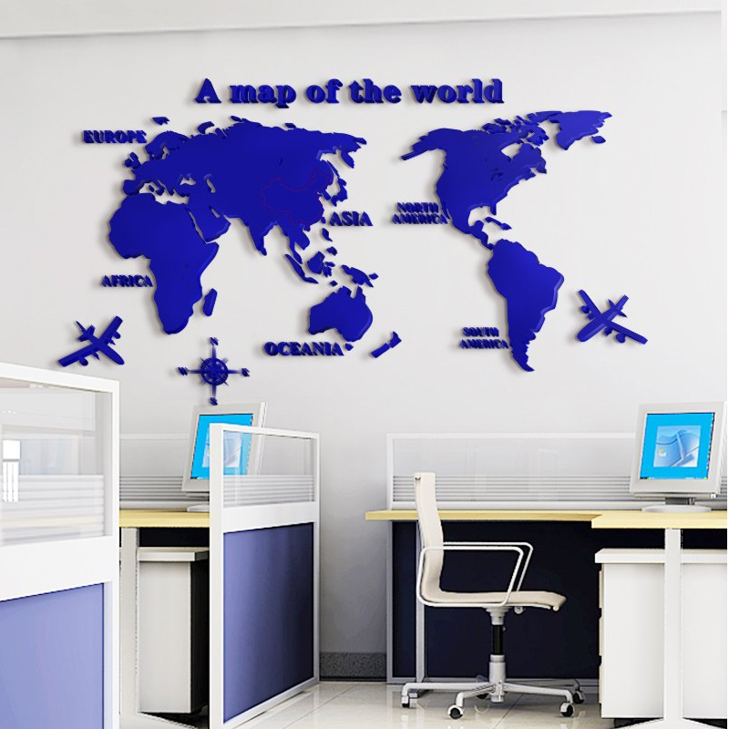 창조적 인 세계지도 회사 문화 사무실 벽 스티커 아크릴 3D 입체 벽 스티커 거실 장식 스티커