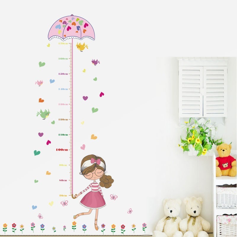 . 높이 벽 스티커 3d 귀여운 아이 방 아기 높이 눈금자를 측정하는 만화 기린.