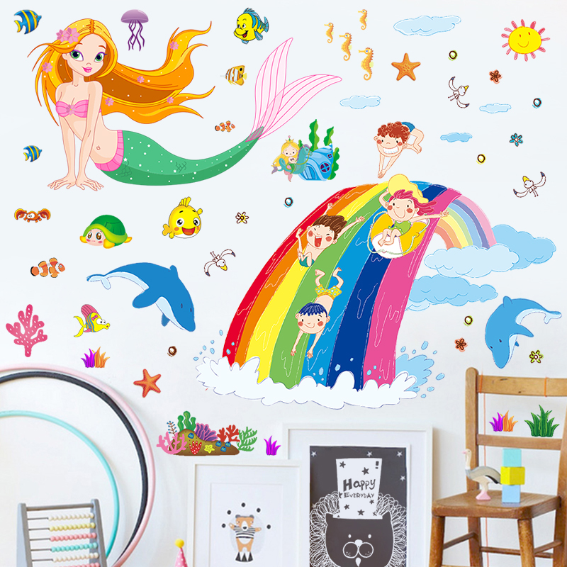 레이아웃 만화 인어 어린이 침실 배경 벽 스티커 유치원 장식 따뜻한 방수