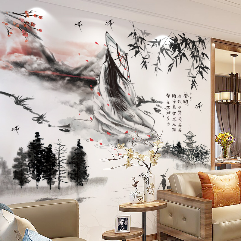 중국 바람 벽 스티커 고대 그림 거실 침실 따뜻한 창조적인 벽지 자체 접착 포스터 새해 사진