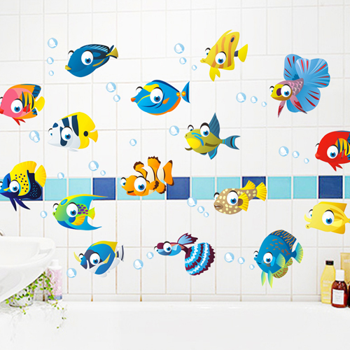 욕실 샤워 룸 벽 타일 유리 방수 장식 이동식 스티커 어린이 방 벽 스티커 만화 물고기