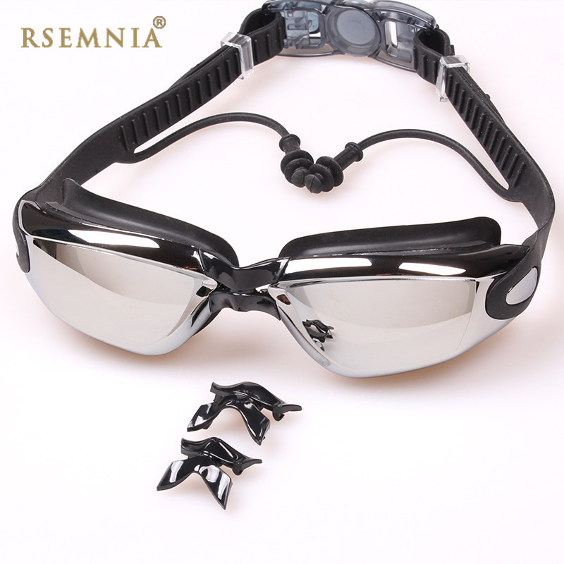 Rsemnia 새로운 패션 방수 안티-안개 수영 고글 결합 귀마개 HD 수영 안경 큰 프레임 전기 도금 고글