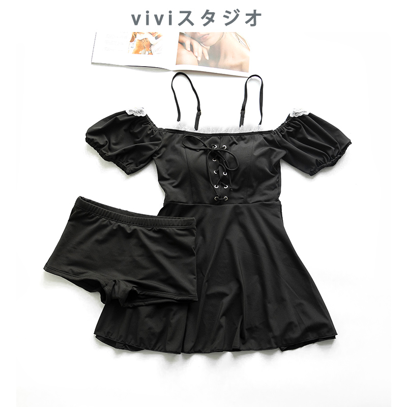 여성 투피스 viviStudio 일본 레이스 분할 치마 수영복 온천 바캉스 검은 수영 학생