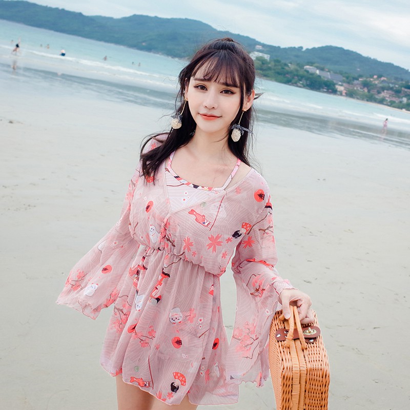 여성 투피스 일본과 벚꽃 수영복 분할 세 조각 정장 체형 커버 작은 아일렛