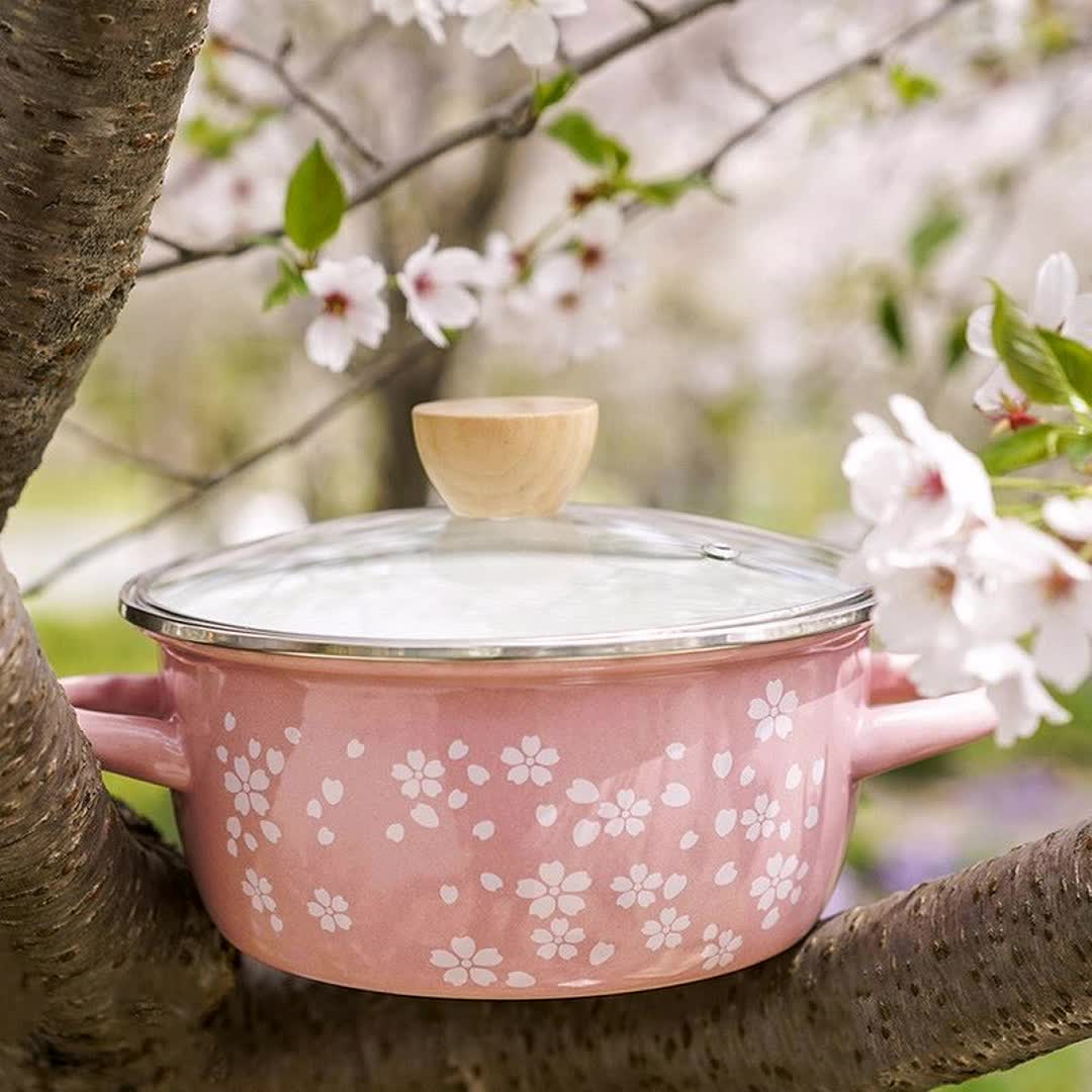 사쿠라 법랑 에나멜 냄비 일본식 두꺼운 수프 냄비 가정용 이중 귀 유도 밥솥 가스 범용 스튜 냄비 국수 냄비