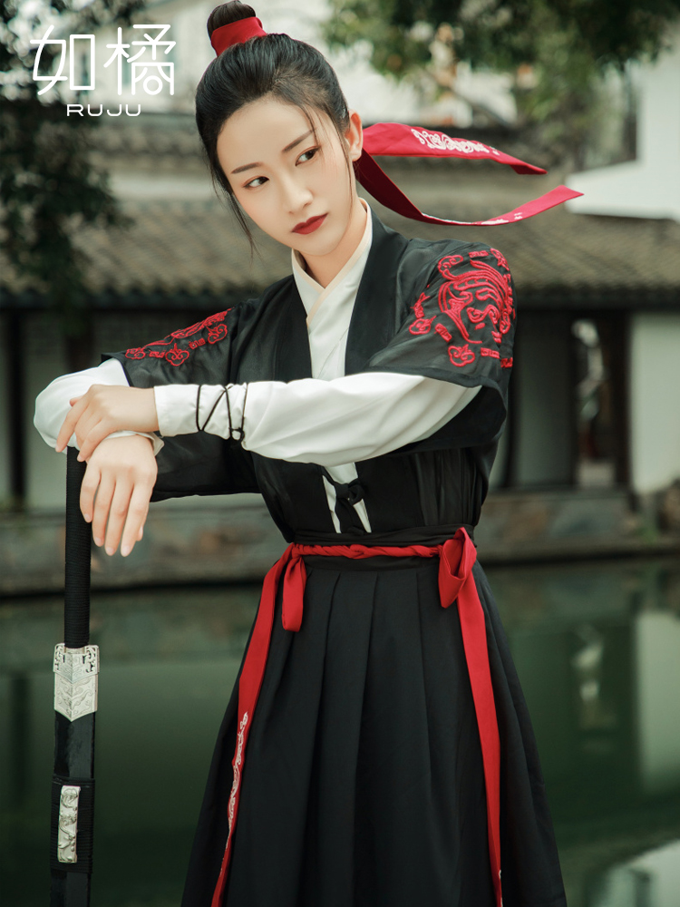 중국 전통의상 여성 검은 고대 의상 횡포 고대 기사 웨이 Jinfeng 무술 칼라 허리 스커트