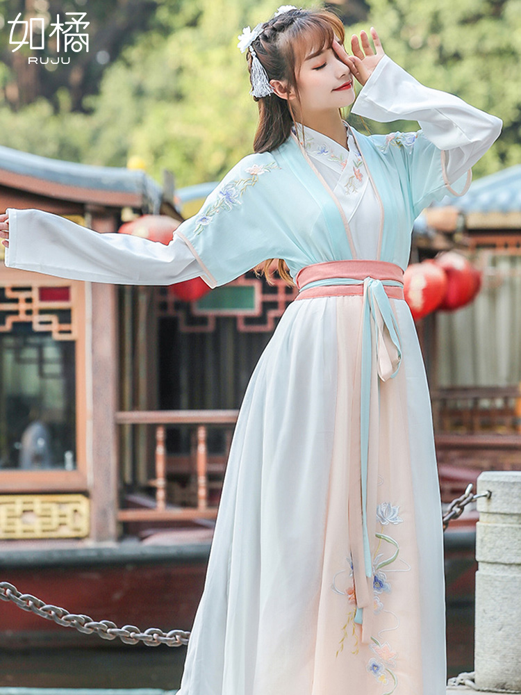 중국 전통의상 여성 벚꽃 슈퍼 요정 우아한 불멸의 고대 의상 개선 반 팔 허리 스커트
