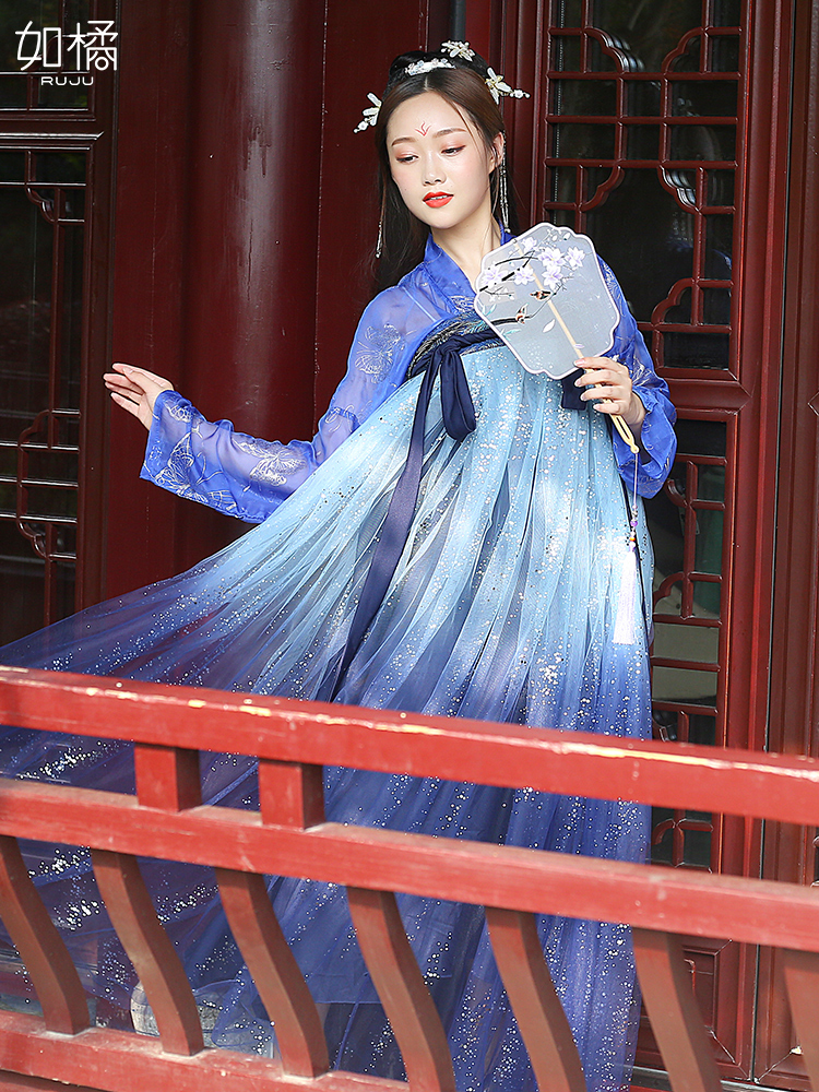 중국 전통의상 여성 학생 별이 빛나는 하늘 긴치마 바람이 잘 통하는 고대 슈퍼 요정 매일 비 의상 여름