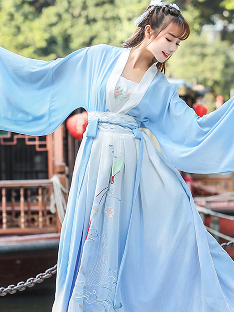 중국 전통의상 여성 허리 허리 고대 빅사이즈 매일 개선 의상 웨이 진 소매 스트림 요정 스커트 가을 겨울