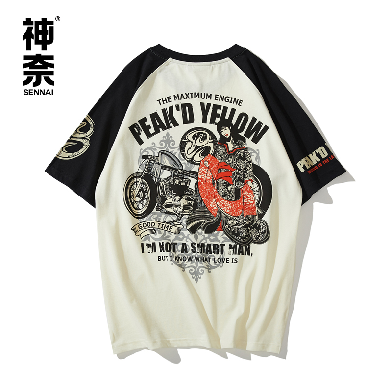 오토바이 BAKUON 레트로 라글란 컬러 매칭 남성 여성 반팔 티셔츠