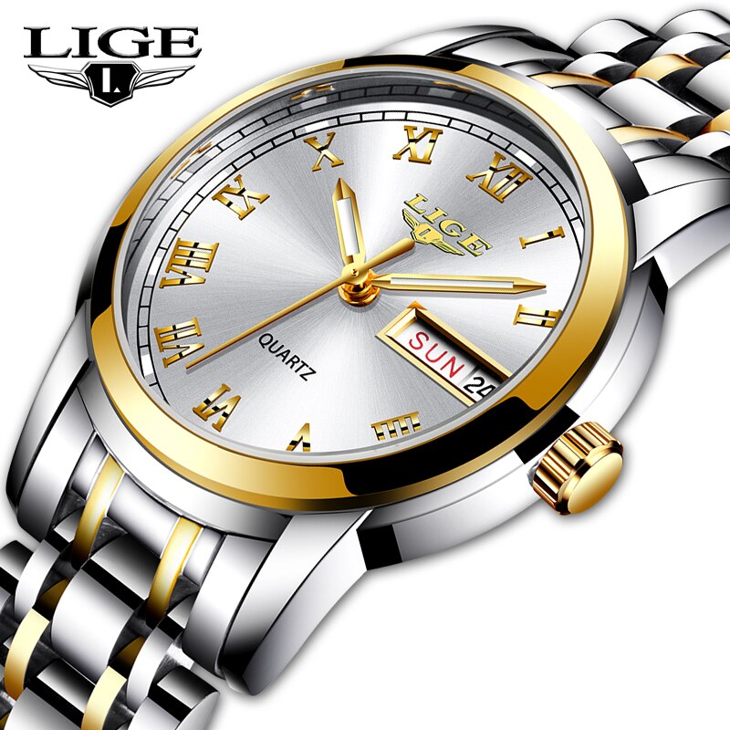 LIGE 럭셔리 여성 시계 방수 로즈 골드 스틸 스트랩 손목 톱 브랜드 팔찌