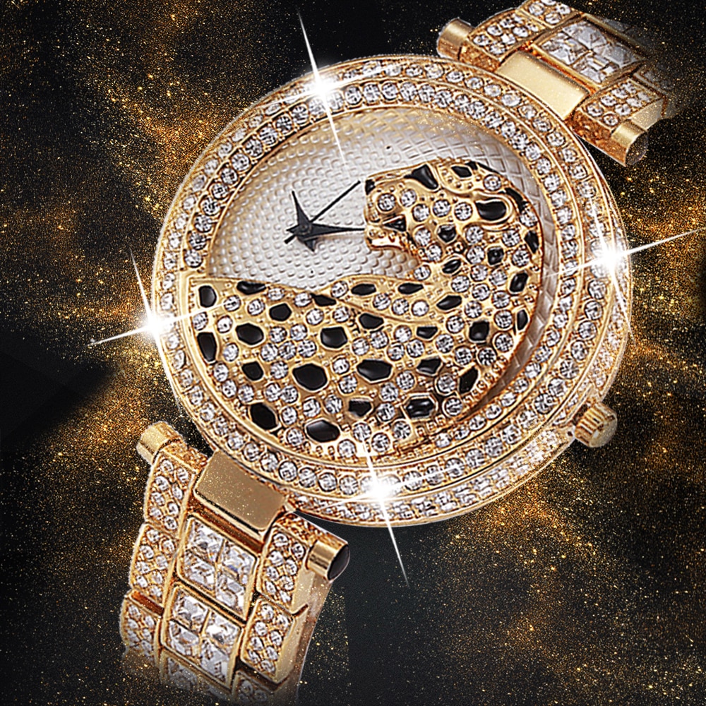 MISSFOX 여성 쿼츠 시계 패션 블링 캐주얼 골드 크리스탈 다이아몬드 레오파드