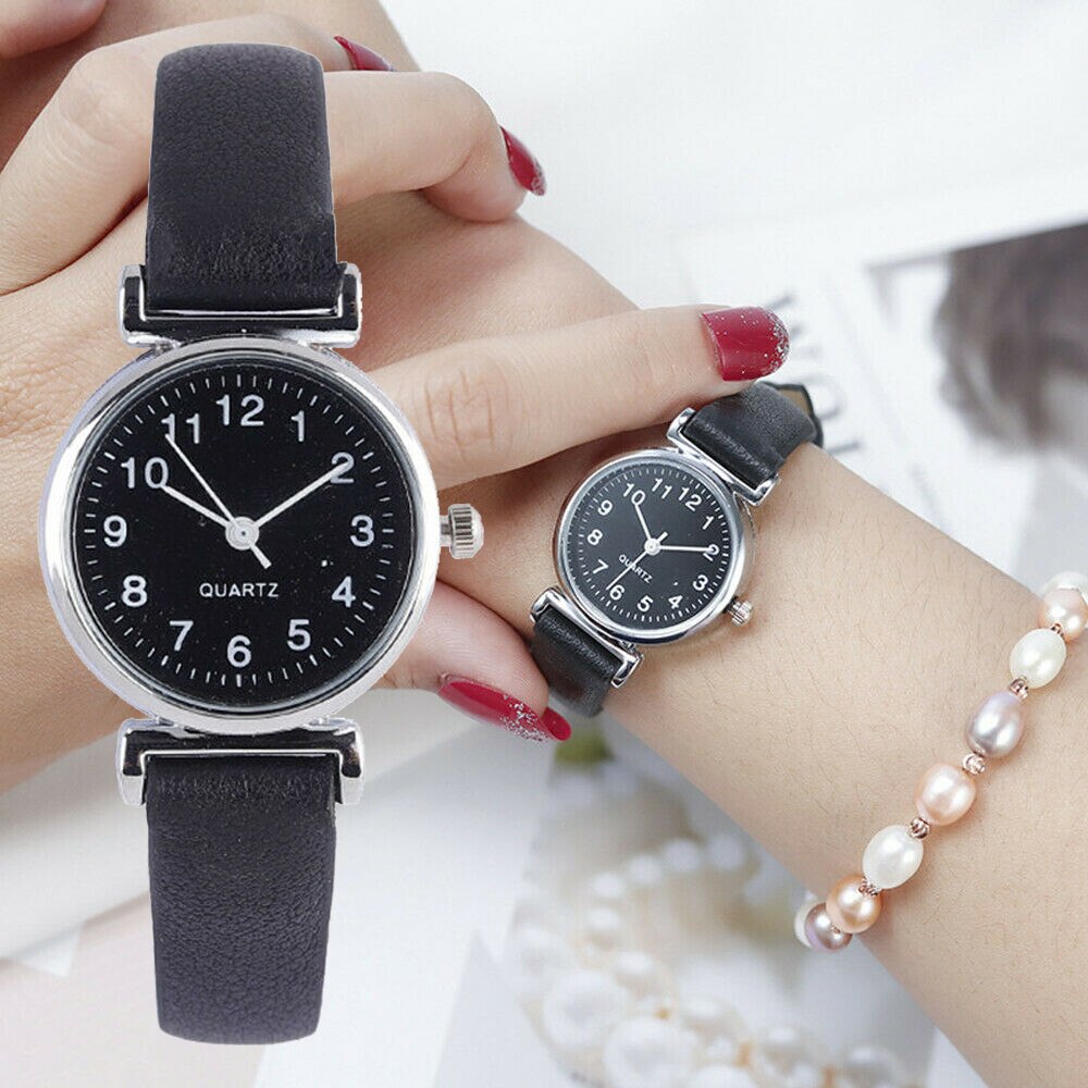 클래식 여성 시계 캐주얼 석영 가죽 스트랩 밴드 시계 라운드 아날로그 시계 손목 시계