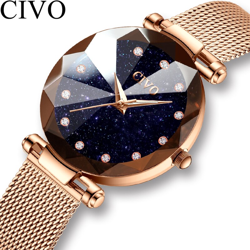 Civo 패션 럭셔리 여성 크리스탈 시계 방수 로즈 골드 스틸 메쉬 톱 브랜드
