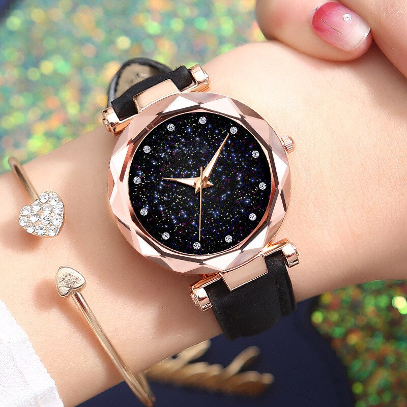 패션 톱 브랜드 럭셔리 별이 빛나는 하늘 여성 손목 시계 가죽 쿼츠 시계 현대 손목 시계 여성 orologio donna