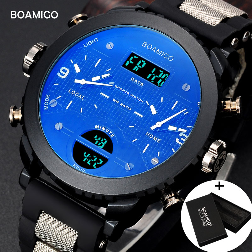 남성 시계 BOAMIGO 3 시간대 밀리터리 스포츠 LED 디지털 석영 손목 선물 상자