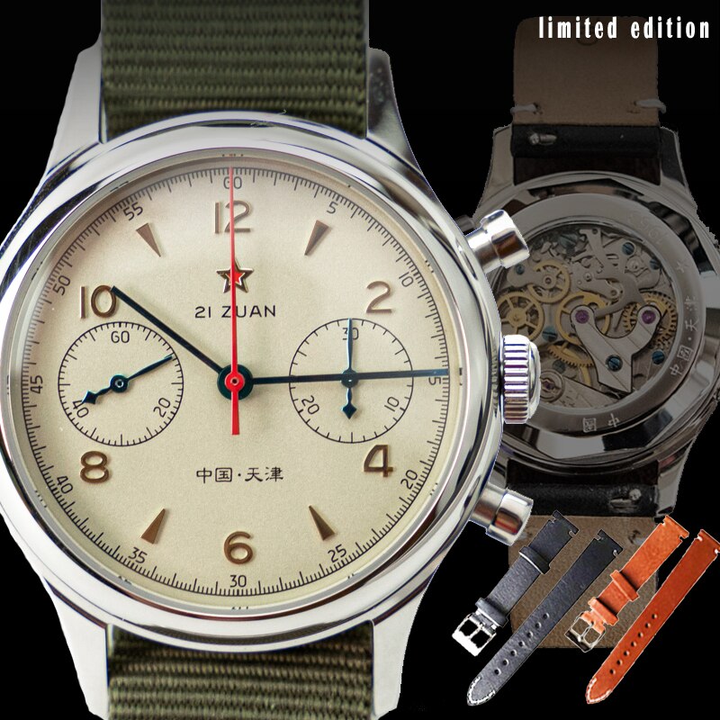1963 파일럿 시계 갈매기-운동 ST1901 크로노 그래프 빈티지 사파이어 군사 기계 남자 시계 두 가죽 스트랩