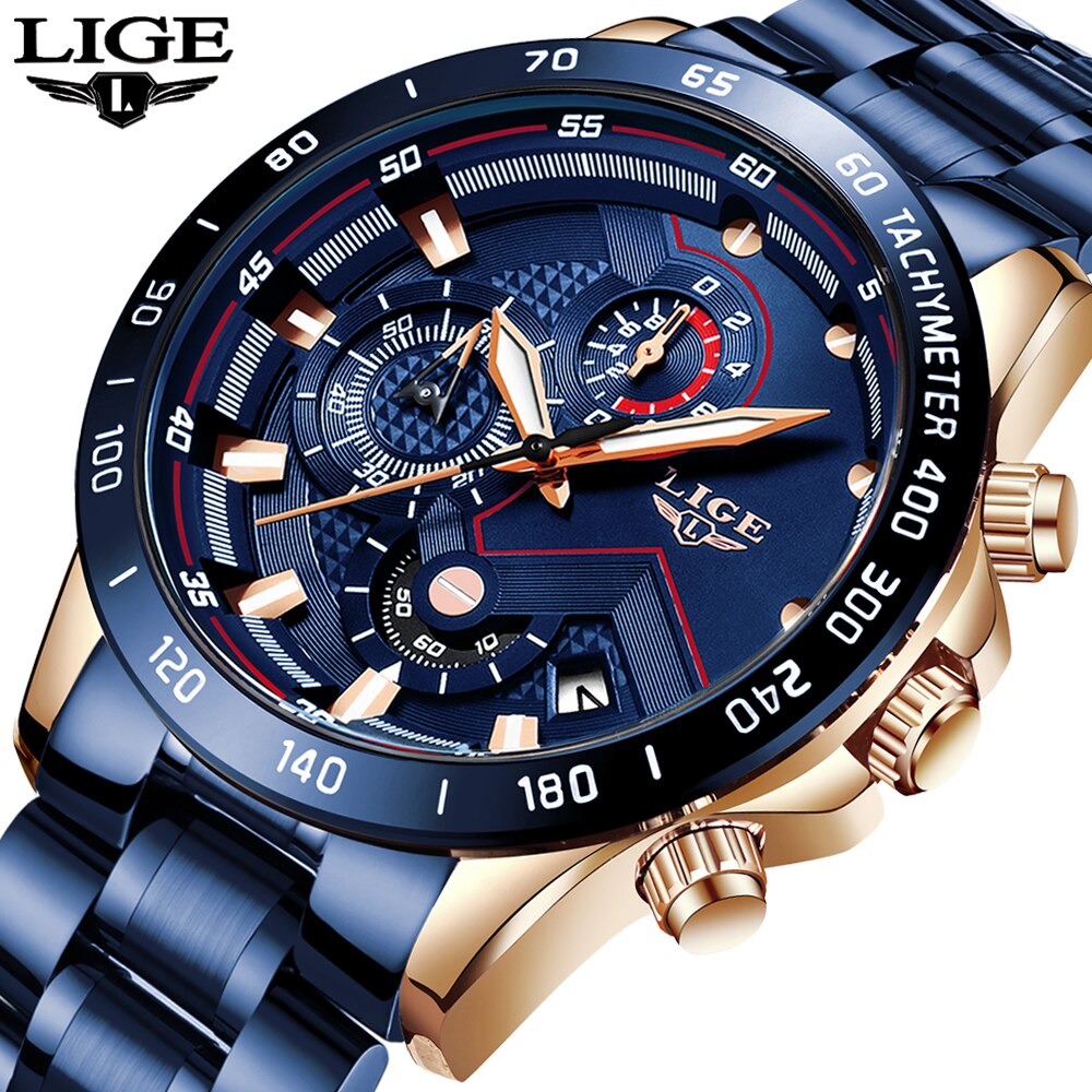 LIGE 패션 남성 시계 스테인레스 스틸 럭셔리 스포츠 크로노 그래프 쿼츠