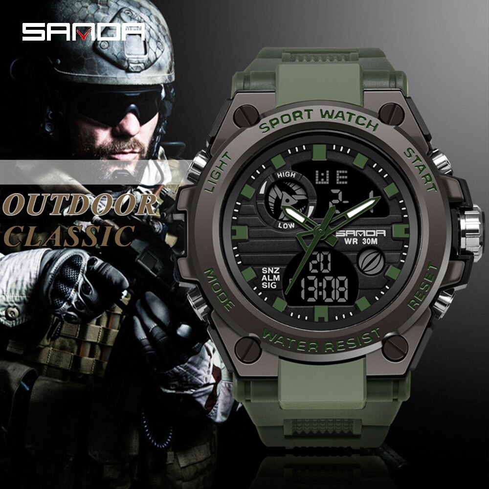 Sanda g 스타일 남성 디지털 시계 충격 밀리터리 스포츠 패션 방수 전자 손목