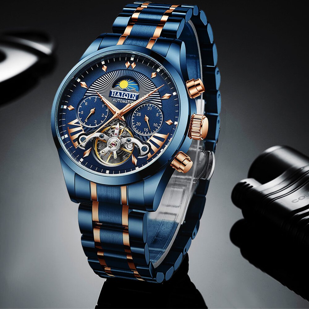 HAIQIN 2020 자동식 남성용 시계 브랜드 럭셔리 남성용 시계 블루 기계식 손목 시계 남성 방수 reloj hombre tourbillon