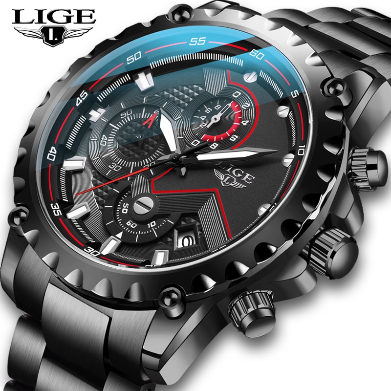 LIGE 뉴 남성 시계 럭셔리 패션 스포츠 방수 크로노 그래프 스테인레스 스틸 손목
