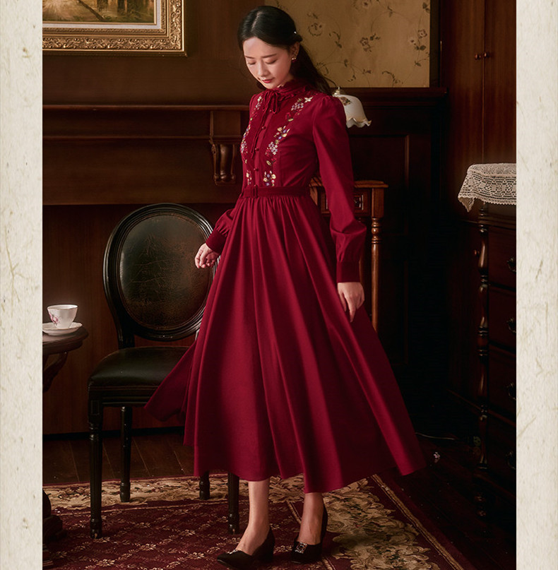 첸 시앙 봄 가을 요정 여성 빈티지 자수 롱치마 스탠드 칼라 활 긴팔 드레스는 얇은