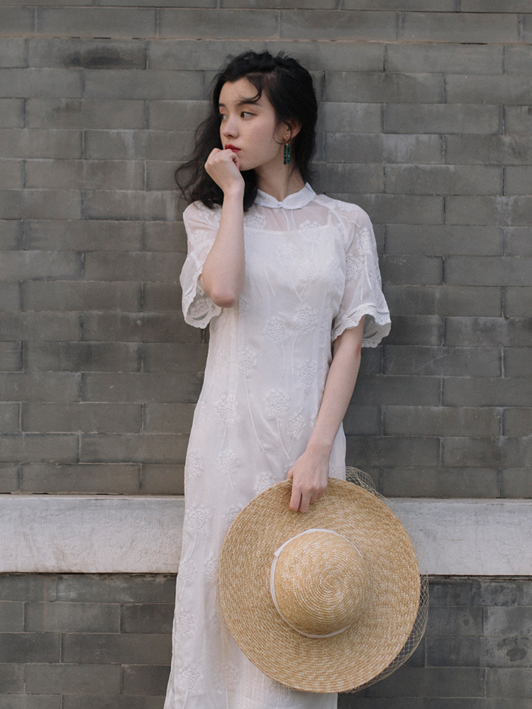 빈티지 자수 레이스 긴 치파오 2019 여름 새로운 인기있는 치파오 드레스 슈퍼 요정 기질 드레스