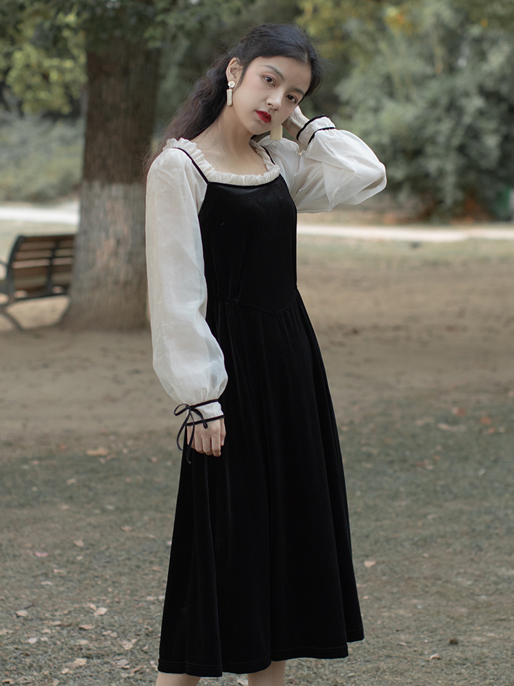 가을 여자의 새로운 2019 프랑스어 복고풍 흰색 바느질 검은 드레스