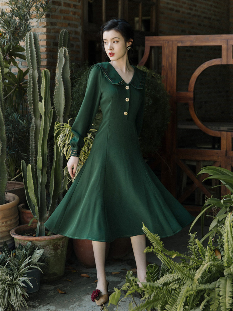 2020 초 봄 새로운 프랑스 복고풍 어두운 녹색 드레스 허리 기질 여신 팬 옷 긴 섹션