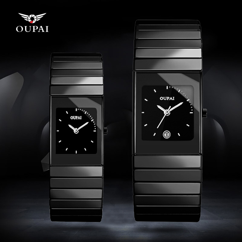 유럽 ​​스타일의 정통 클래식 직사각형 블랙 세라믹 커플 시계 울트라 얇은 방수 석영 시계 커플 시계