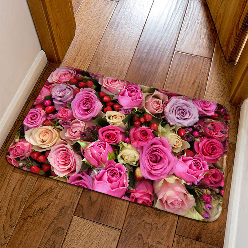 핑크 장미 꽃 문 매트 침실 침대 옆 거실 카펫 주방 욕실