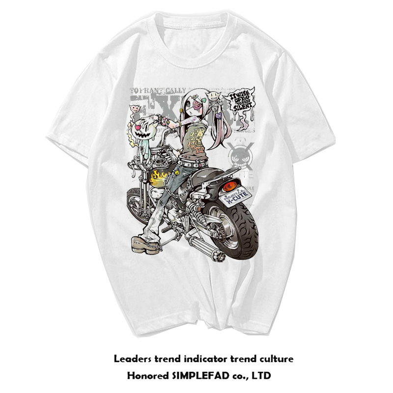 일본 하라주쿠 패션 브랜드 폭력적인 오토바이 만화 반팔 청소년 남성과 여성 트렌드면 티셔츠