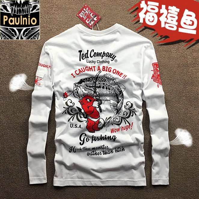 악마 낚시 패션 인쇄 라운드넥 긴팔 남성 홍콩 티셔츠 일본 브랜드 하라주쿠면 트렌드 증가