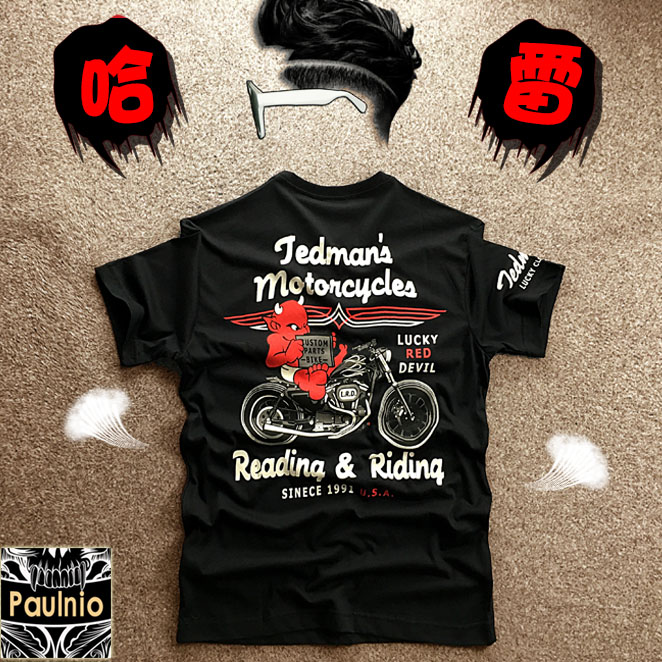 럭키 고스트 할리 오토바이 패션 트렌드 라운드넥 반팔 남성 루즈핏 티셔츠 일본 홍콩 스타일면 브랜드 반 소매