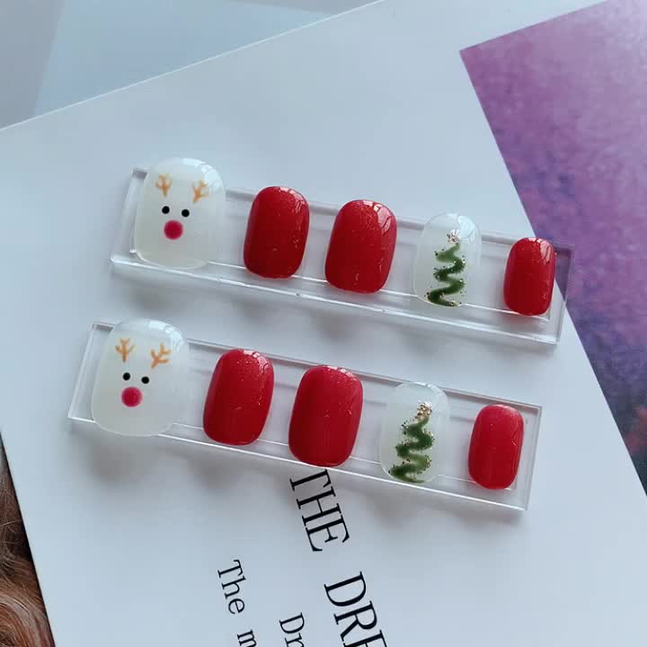 새해 크리스마스 매니큐어 완료 눈송이 귀여운 새끼 빨간 수제 광선 요법 네일 가짜 손톱 패치 이동식