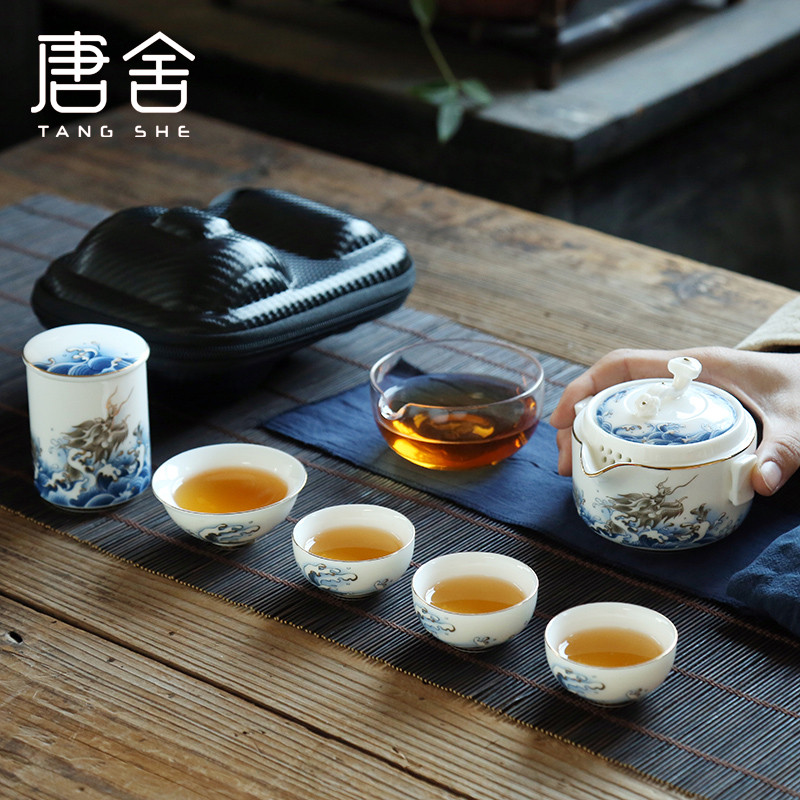 Tangshe Ruyi 화이트 도자기 빠른 컵 한 냄비 네 세라믹 차 휴대용 여행 쿵푸 세트