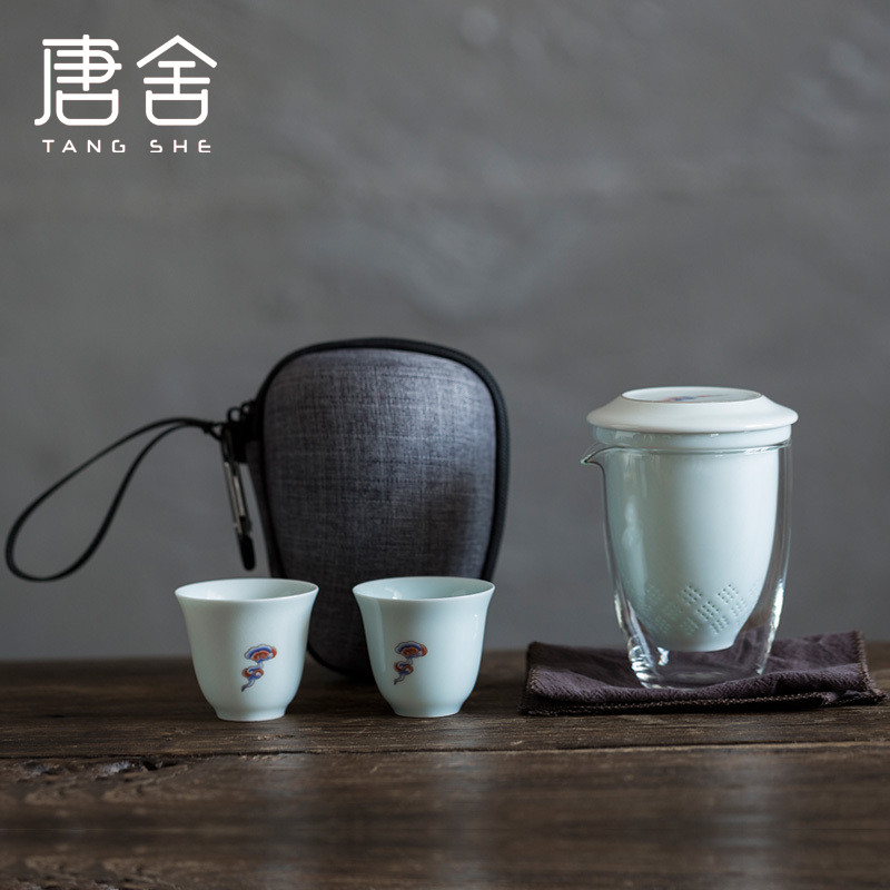 Tangshe 야외 여행 빠른 컵 한 냄비 두 화이트 도자기 휴대용 가방 세라믹 차 세트 홍차