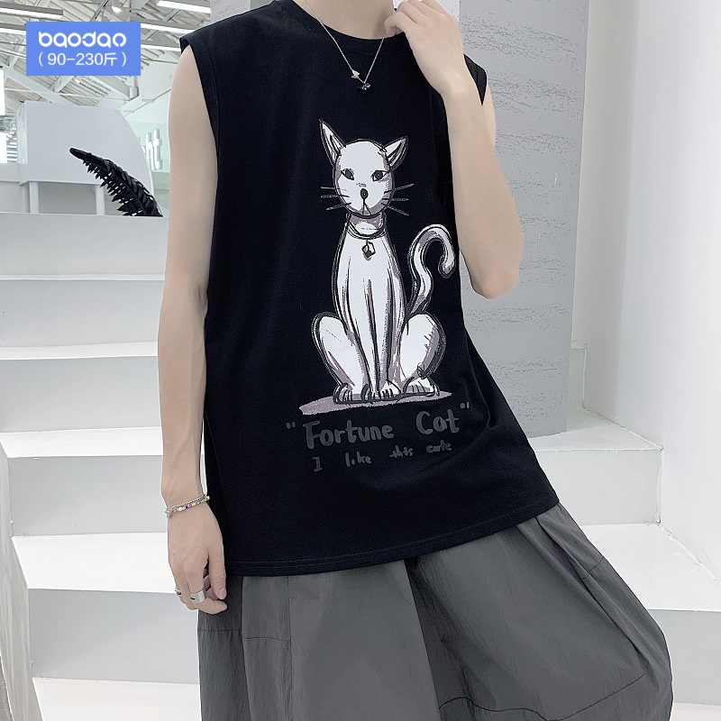 빅사이즈 홍콩 스타일 트렌드 인쇄 조끼 양복 남자 옷 루즈핏 XL 여름 민소매 티셔츠