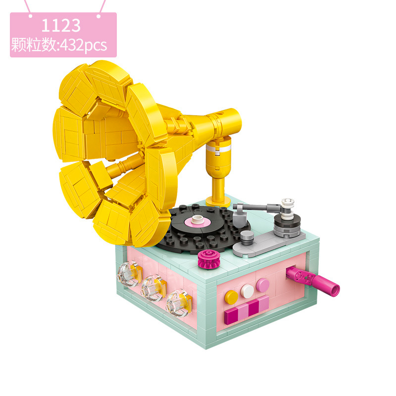Loz Lizhi 작은 미니 빌딩 나노 블록 1123 축음기 레코더 소녀 생일 선물 빈티지 장식품