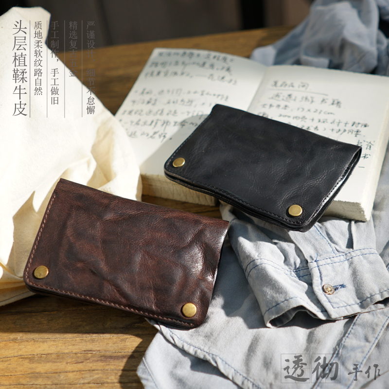 남성 여성용 오래된 가죽 수제 소 중간 두 배 빈티지 지갑 간단한 일본