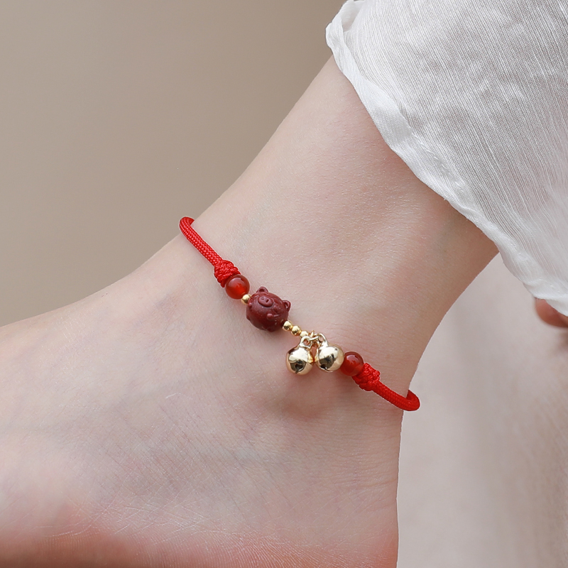 순수한 보석 조디악 년 붉은 로프 발목 여성 14k 골드 벨 광석 주홍 돼지 단순