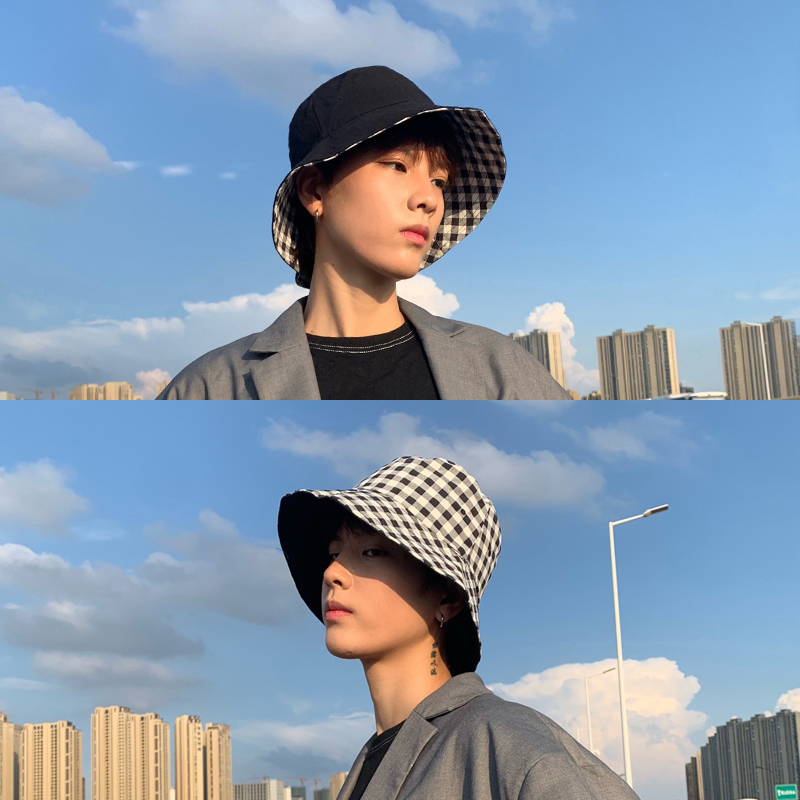 일본 벙거지 모자 남성 체크 무늬 양면 봄 여름 선 스크린 태양 캐주얼 분지