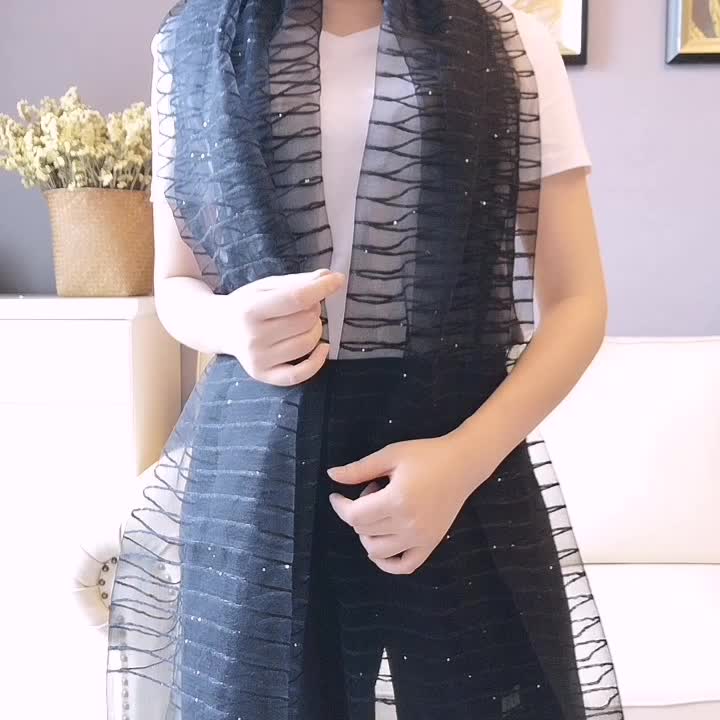 검은 줄무늬 뽕나무 실크 스카프 오간자 스팽글 긴 가을 겨울 여성 버전