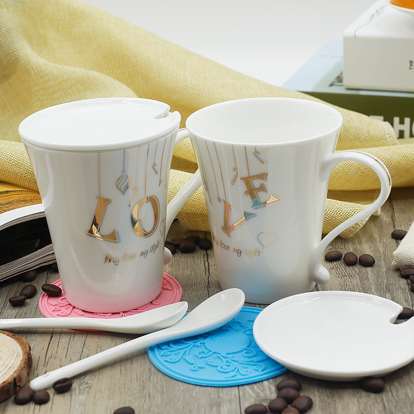 간단한 패션 커플 컵 쌍 뚜껑 숟가락 1314 세라믹 마크 커피 물