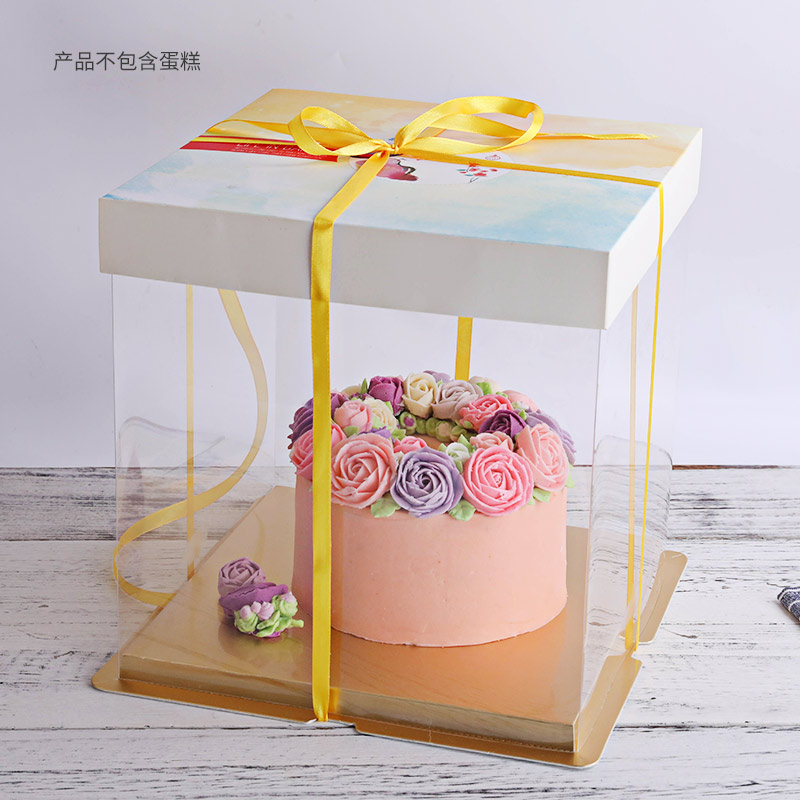Meidi 투명 케이크 상자 황금 바닥과 5 리본이있는 8 인치 더블 레이어 높이 생일 케이크 상자