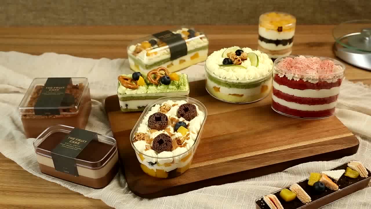 과일 멜라루카 콩 커스터드 상자 투명 사각형 무스 컵 티라미수 디저트 포장 톱밥